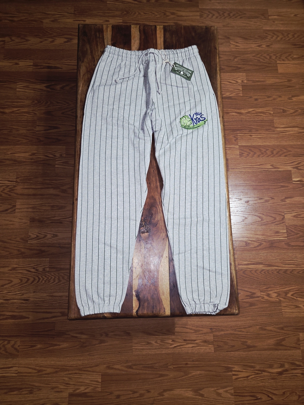 Denim Tears Gray Pinstripe "Harlem Georgia Okras" Joggers. Size Large